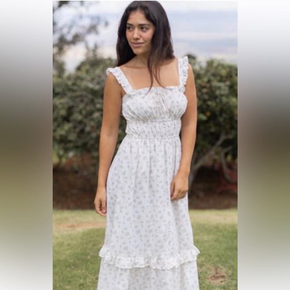 Smocked Floral White Maxi Dress with Ruffle Trim